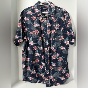 CHAPS Mens Navy Tropical Floral Print Short Sleeve Button Down Shirt XL